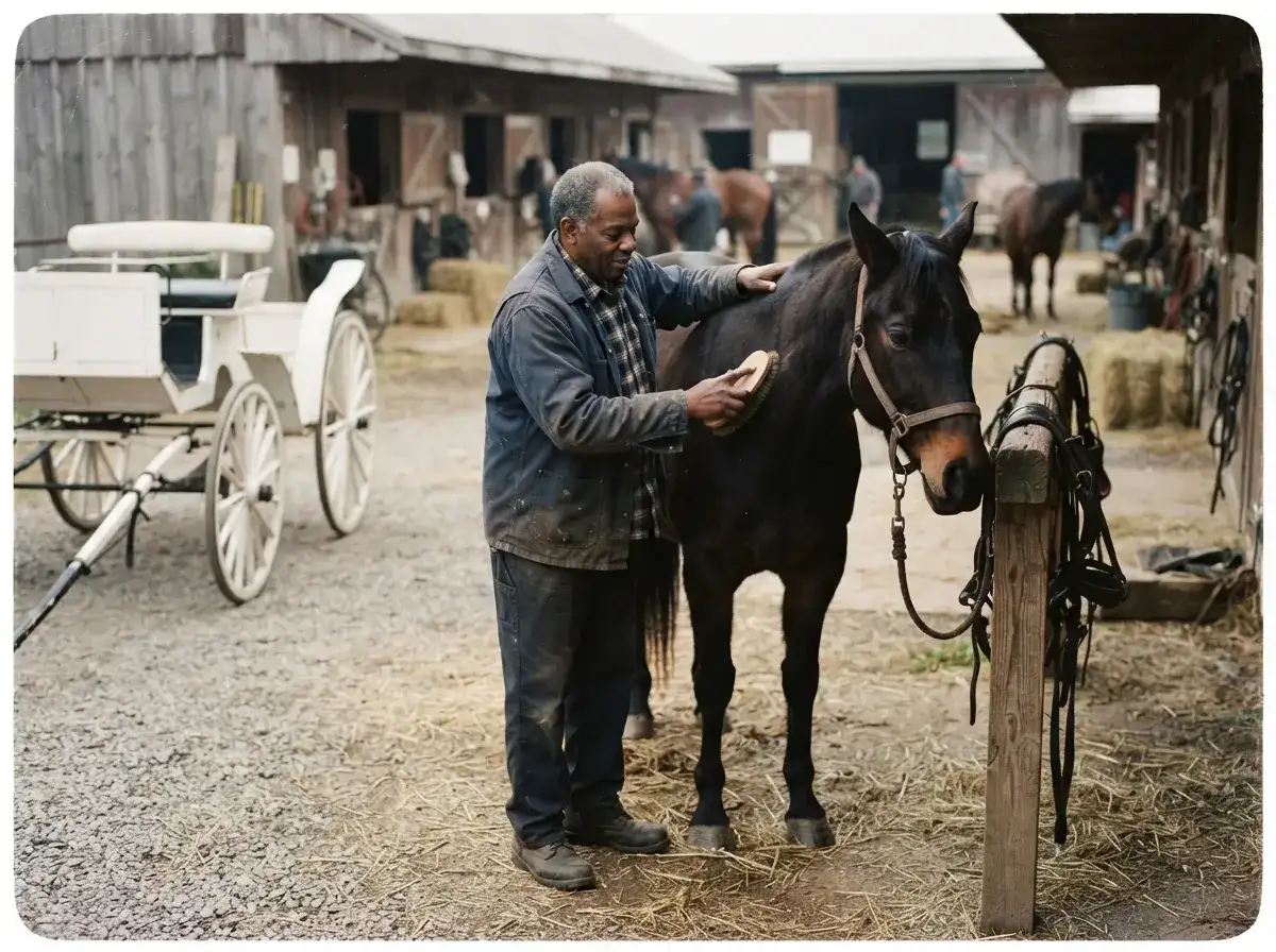 Driver caring for a carriage horse