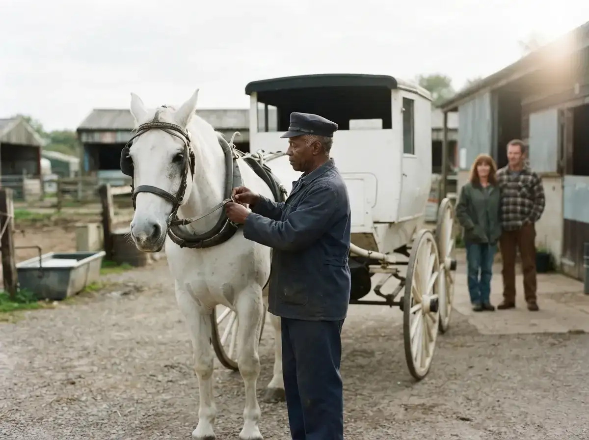 Driver checking a horse harness